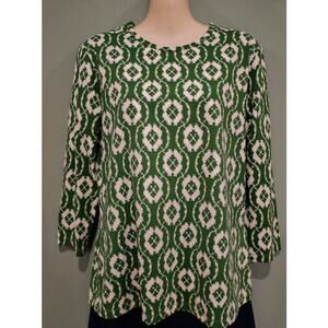 J. McLaughlin 3/4 Sleeve Stretch Top with Round Neck, Green and Cream, Sz L